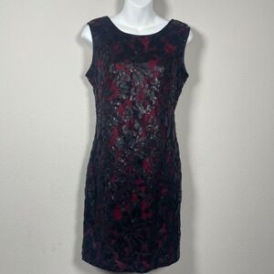 Cache Sequin Lace Dress Night Out 4 Red Black Floral Sleeveless Whimsigoth